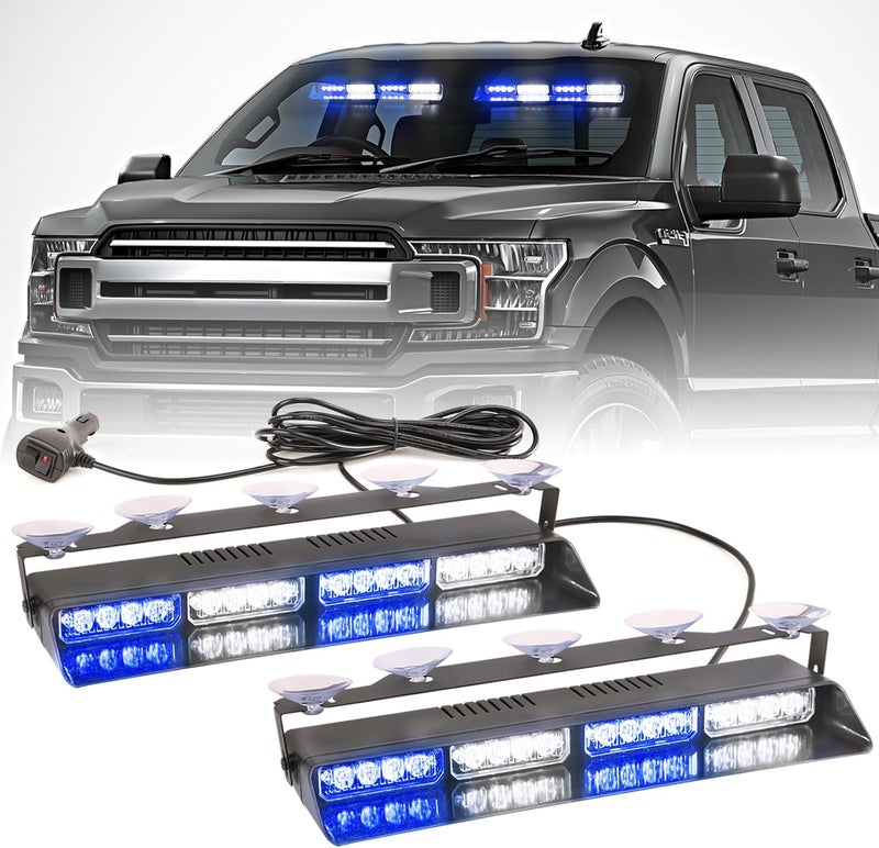 PKINGLAKE 2 in 1 LED Emergency Dash Strobe Light Bar Front/Rear Windshield Safety Flashing Warning Hazard Interior Lights for Police Firefighter Construction Vehicles Trucks (2x14 inch, Blue/White) - Image 1